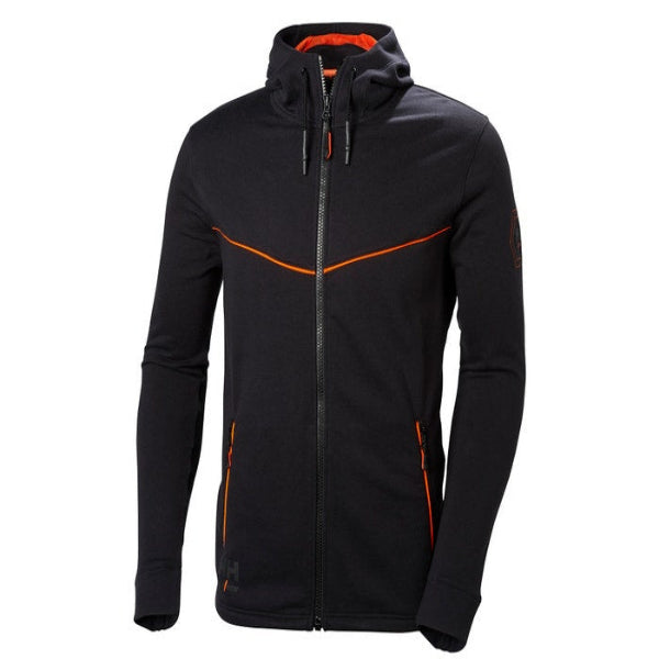 Black Helly Hansen hoodie with orange accents on a white background