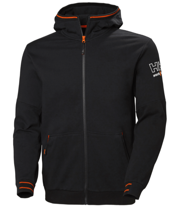 Black Kensington hoodie with orange accents and a logo on a white background