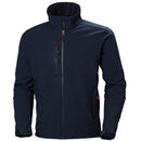 A navy blue Helly Hansen Kensington Softshell Jacket with high collar, multiple zippers, and padded compartments.