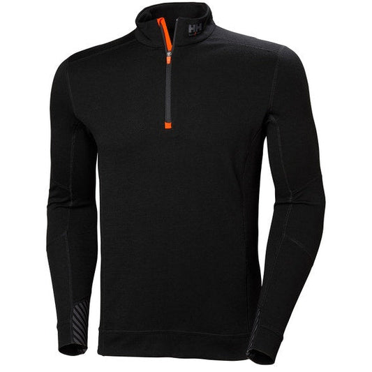 Black long-sleeve shirt with orange zipper on a white background.