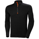 Black long-sleeve shirt with orange zipper on a white background.