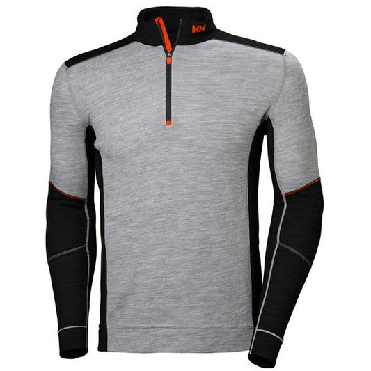 Gray and black long-sleeve athletic shirt with zipper on a white background