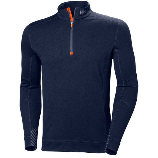 Navy long-sleeve shirt with orange zipper on a white background.