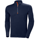 Navy long-sleeve shirt with orange zipper on a white background.