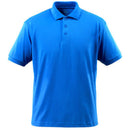A Mascot Workwear, blue polo shirt with a buttoned collar, short sleeves, and a ribbed design on the collar and cuffs.