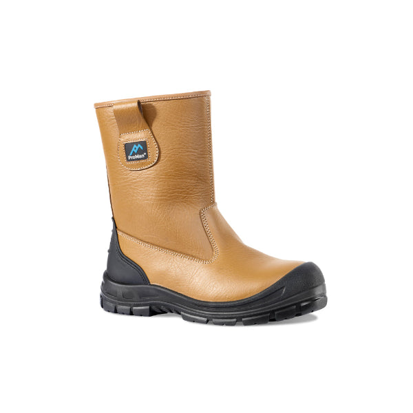 A brown Rockfall Chicago rigger safety boot with a toecap and midsole, featuring an Activ-Step shock absorbing outsole and a black heel.