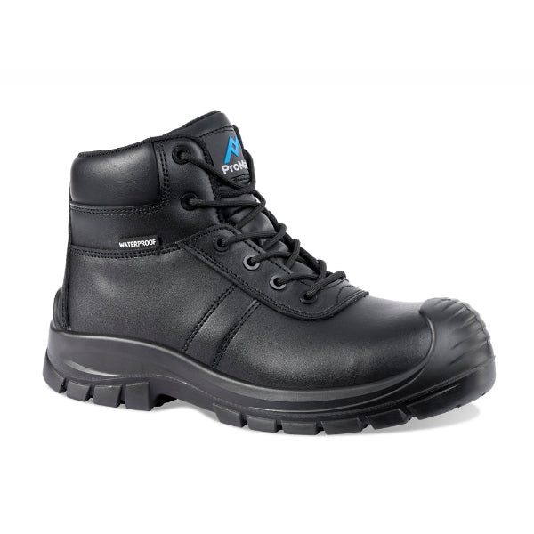 A black waterproof safety boot with lace-up closure, featuring a protective toecap and a thick, dual-density PU outsole.
