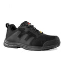 A pair of black Rock Fall safety trainers with a lace-up closure and a non-slip sole.