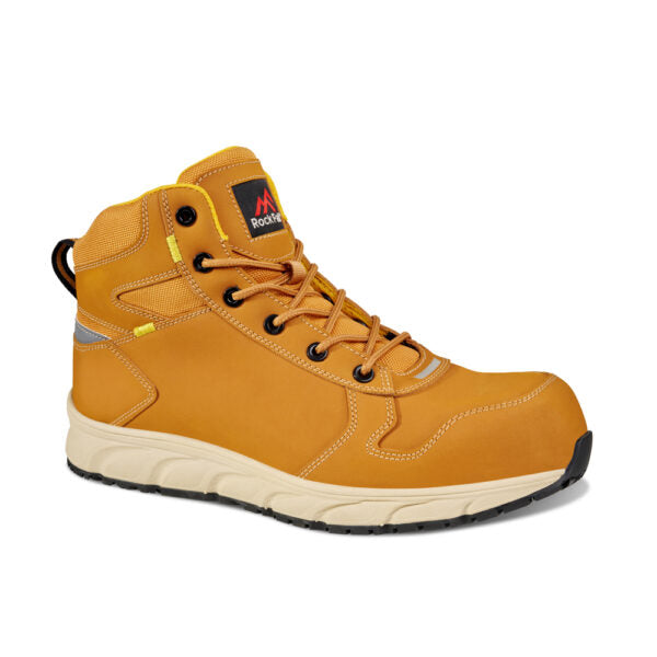 A pair of brown Rock Fall RF113 Sandstone safety boots with lace-up closure on a white background.