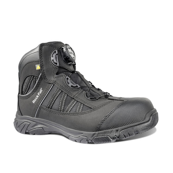 A black electrical hazard safety boot with the BOA lace system.