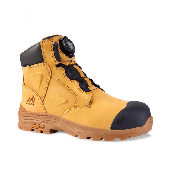 A yellow Rock Fall RF610 Honeystone waterproof safety boot with protective toecap and lace-up closure.