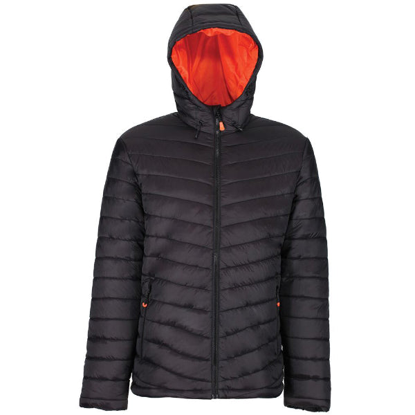 A black Regatta thermal jacket with orange lining, featuring a hood with adjusters, two zipped lower pockets, and hidden elastication at cuffs. The jacket does not include the battery pack.