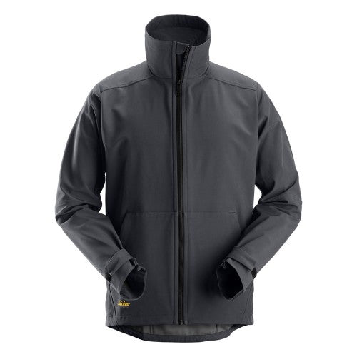 Snickers 1205 Allround Work Windproof Softshell Jacket. Versatile softshell jacket made of windproof fabric. Front view of jacket. Grey in colour.