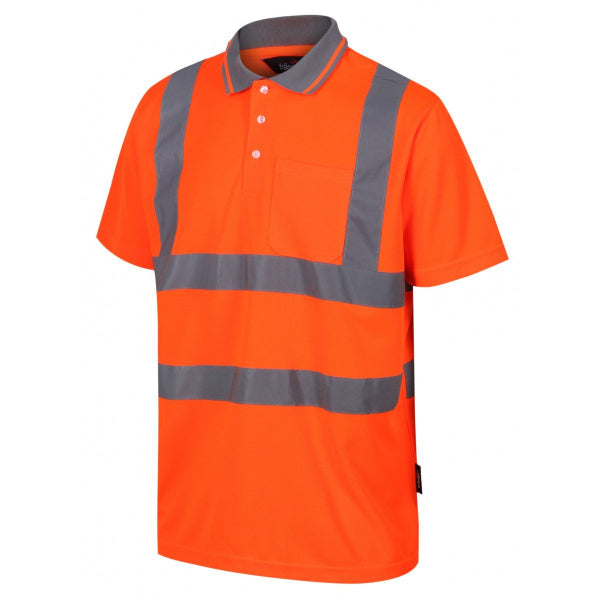 Orange high-visibility polo shirt with reflective stripes on a white background