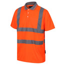 Orange high-visibility polo shirt with reflective stripes on a white background