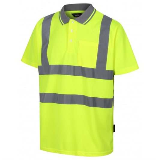 A high visibility yellow and gray polo shirt with two bands around the waist and braces over the shoulders.