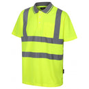 A high visibility yellow and gray polo shirt with two bands around the waist and braces over the shoulders.