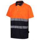 Orange and navy Traega hi-vis polo shirt with reflective stripes on a white background