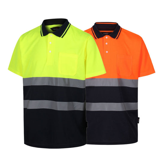 Two two-tone polo shirts, one yellow with black lower part and one orange with black lower part, both with reflective strips and a collar.