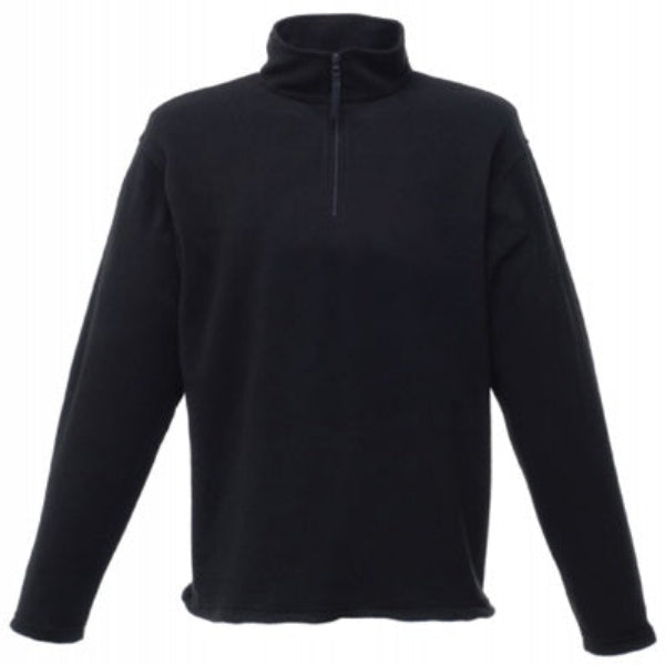 Black fleece pullover with a quarter zip on a white background