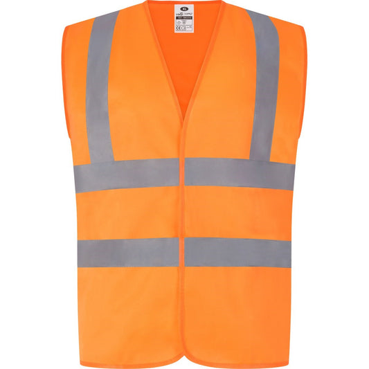 A high visibility orange waistcoat with reflective silver stripes and adjustable straps around the waist and over the shoulders.