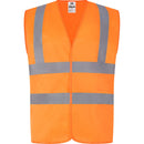 A high visibility orange waistcoat with reflective silver stripes and adjustable straps around the waist and over the shoulders.