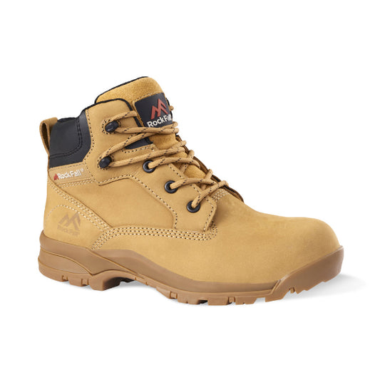 A pair of women's fit waterproof safety boots in a honey color, with protective toecap and midsole, featuring a rubber outsole.