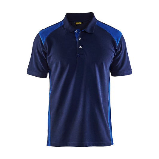 A navy blue and cornflower blue polo shirt with a ribbed collar and reinforced neck and shoulder seams.