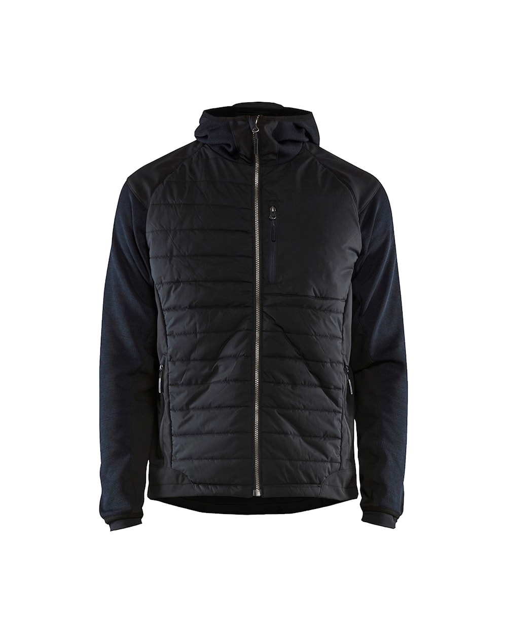 Navy Hybrid jacket features a thin but warm padding and a softshell fabric.