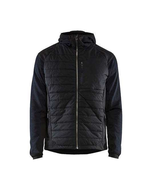 Navy Hybrid jacket features a thin but warm padding and a softshell fabric.