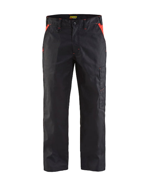 Front view of the Blaklader Industry Work Trousers 1404 in black and red, showing the two-tone design and straight leg fit.