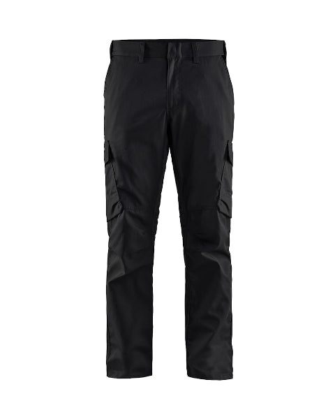 Front view of the Blaklader 1444 industry stretch work trousers in black / grey, showing the inside ruler pocket, zippered security pocket and reflective trim.