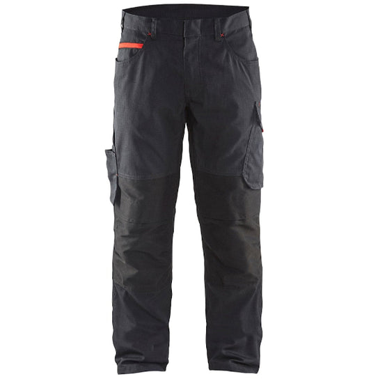 Dark gray work pants with multiple pockets on a white background.