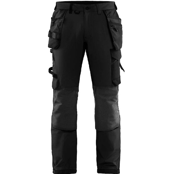 Front view of the Blaklader 4-Way Stretch Craftsman Work Trousers 1522 in black and grey showing CORDURA knee pad pockets, holster pockets and slim fit.