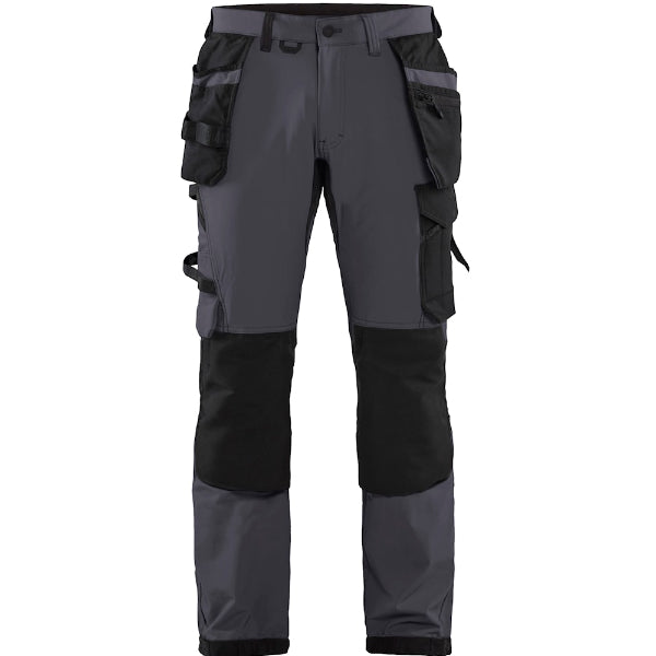 Front view of the Blaklader Craftsman Trousers 4-Way Stretch 1522 in mid grey and black showing CORDURA knee pad pockets, holster pockets and slim fit design.