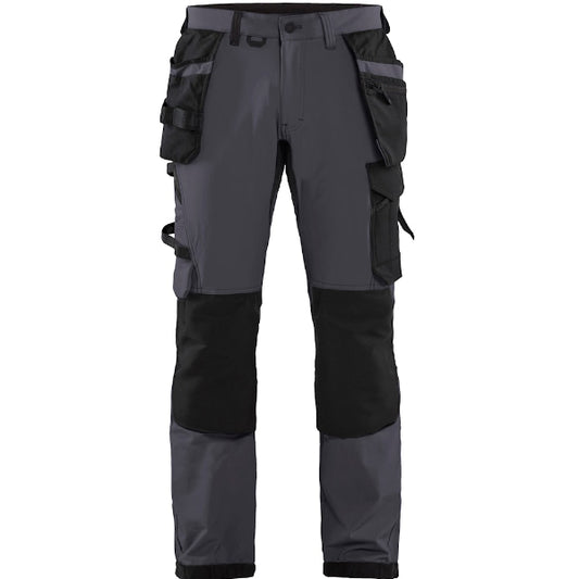 Front view of the Blaklader Craftsman Trousers 4-Way Stretch 1522 in mid grey and black showing CORDURA knee pad pockets, holster pockets and slim fit design.