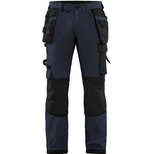 Front view of the Blaklader 1522 Craftsman Work Trousers in dark navy and black showing 4-way stretch fabric, CORDURA knee pad pockets and slim fit design.