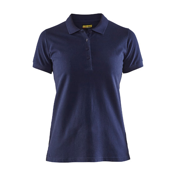 Front view of the Blaklader 3307 ladies polo shirt in navy blue, showing ribbed collar detailing and a clean professional fit.
