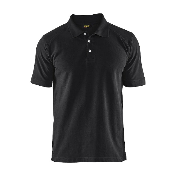 Front view of the Blaklader Polo Shirt 3324 in black showing ribbed collar, reinforced neck and shoulder seams and cotton pique fabric.