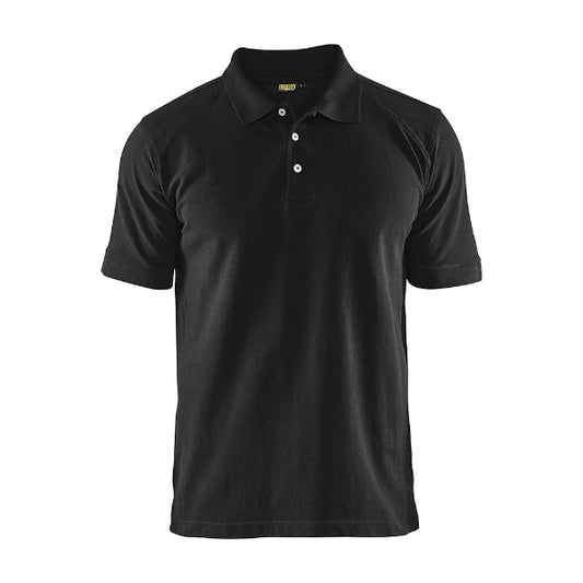 Front view of the Blaklader Polo Shirt 3324 in black showing ribbed collar, reinforced neck and shoulder seams and cotton pique fabric.