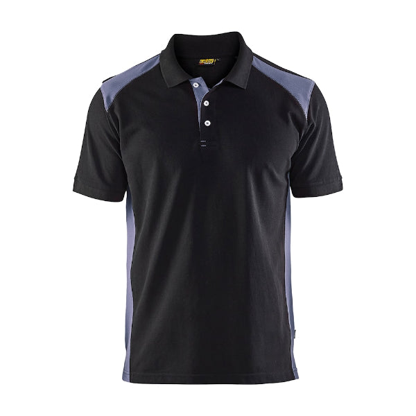 Front view of the Blaklader Polo Shirt 3324 in black and grey showing ribbed collar, two-tone design and cotton pique fabric.