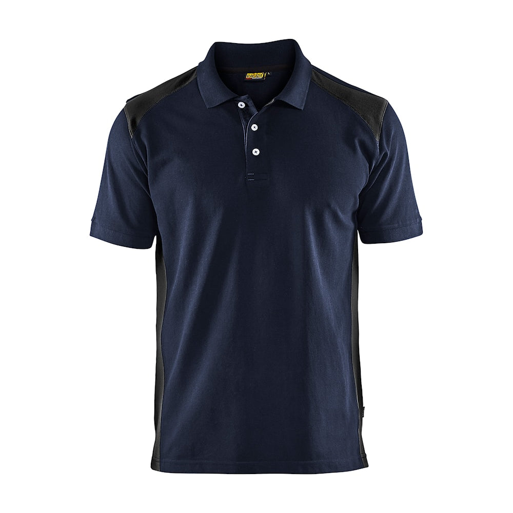 Front view of the Blaklader Polo Shirt 3324 in dark navy and black showing ribbed collar, two-tone design and reinforced neck and shoulder seams.