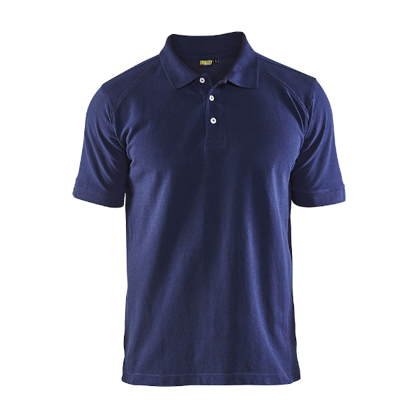 Front view of the Blaklader Polo Shirt 3324 in navy blue showing ribbed collar, reinforced neck and shoulder seams and cotton pique fabric.