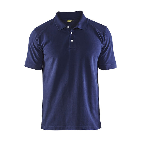 Front view of the Blaklader Polo Shirt 3324 in navy blue showing ribbed collar, reinforced neck and shoulder seams and cotton pique fabric.