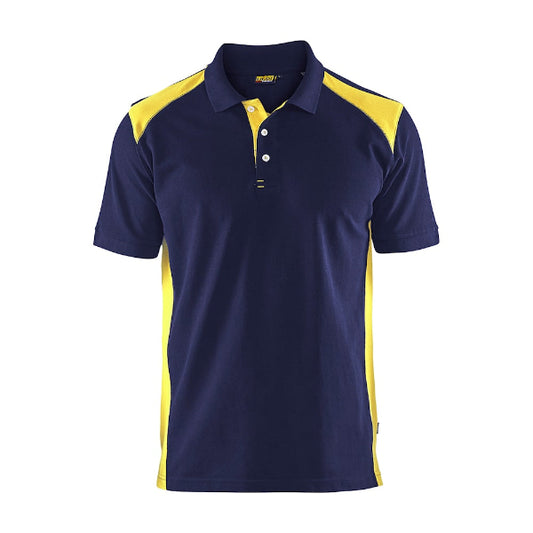 Front view of the Blaklader Polo Shirt 3324 in navy and vis yellow showing ribbed collar, two-tone design and reinforced neck and shoulder seams.