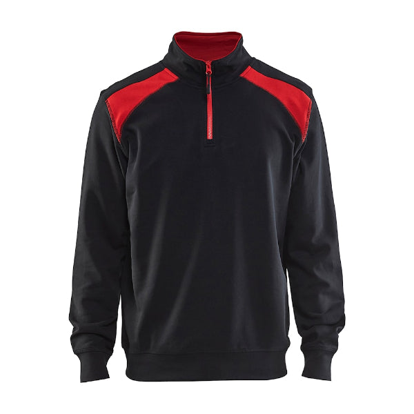 Front view of the Blaklader Half-Zip 2-Tone Sweatshirt 3353 in black and red showing the high collar, half-zip neckline and two-tone design.
