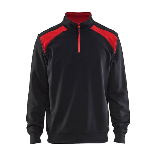 Front view of the Blaklader Half-Zip 2-Tone Sweatshirt 3353 in black and red showing the high collar, half-zip neckline and two-tone design.