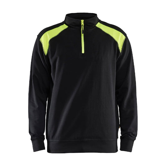 Front view of the Blaklader Half-Zip 2-Tone Sweatshirt 3353 in black and yellow showing the high collar, half-zip neckline and two-tone design.