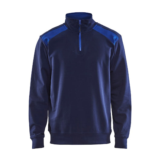Front view of the Blaklader Half-Zip 2-Tone Sweatshirt 3353 in navy and cornflower blue showing the high collar, half-zip neckline and two-tone design.