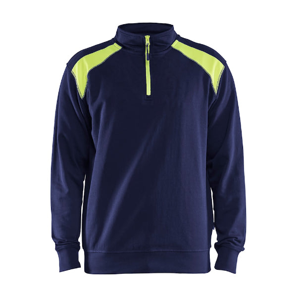 Front view of the Blaklader Half-Zip 2-Tone Sweatshirt 3353 in navy and yellow showing the high collar, half-zip neckline and two-tone design.